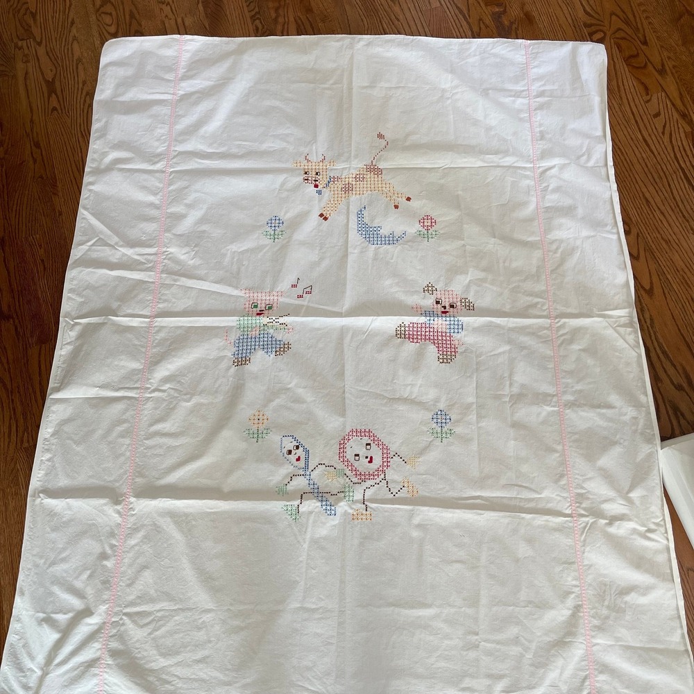 Hand Stitched Cross‎ Stitch Coverlet Toddler Bed Nursery Rhyme Animal Bedding